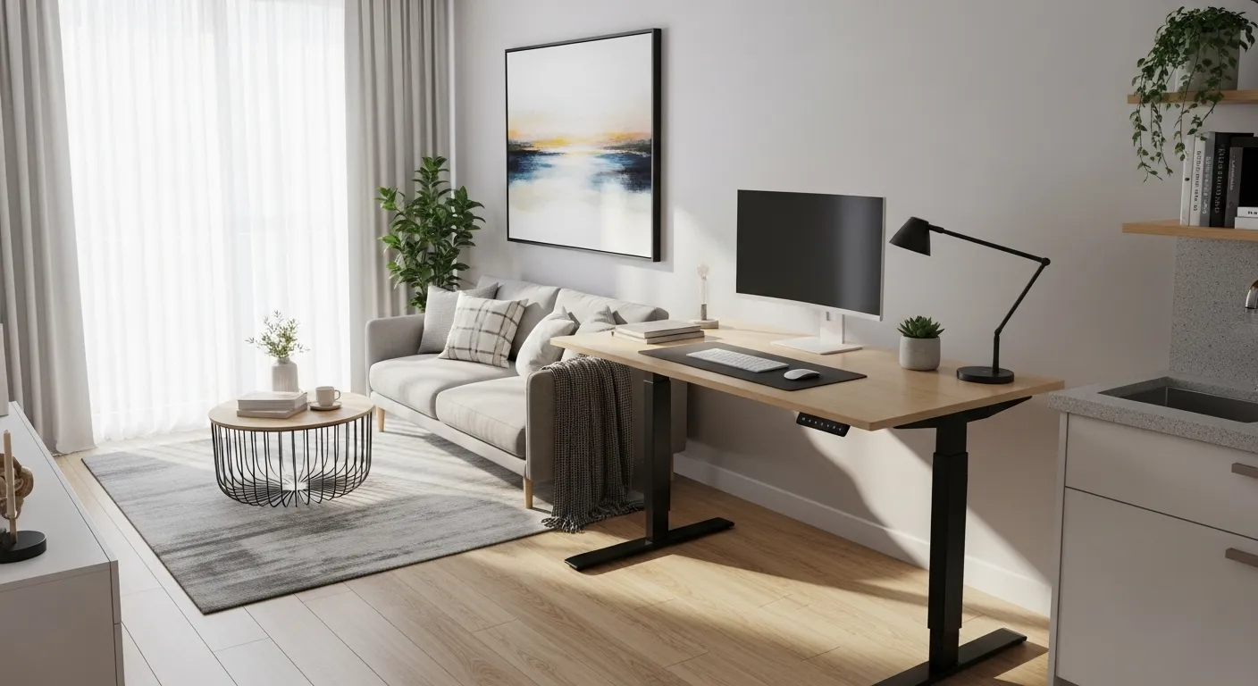 Mesa de madeira com tecnologia moderna para home office